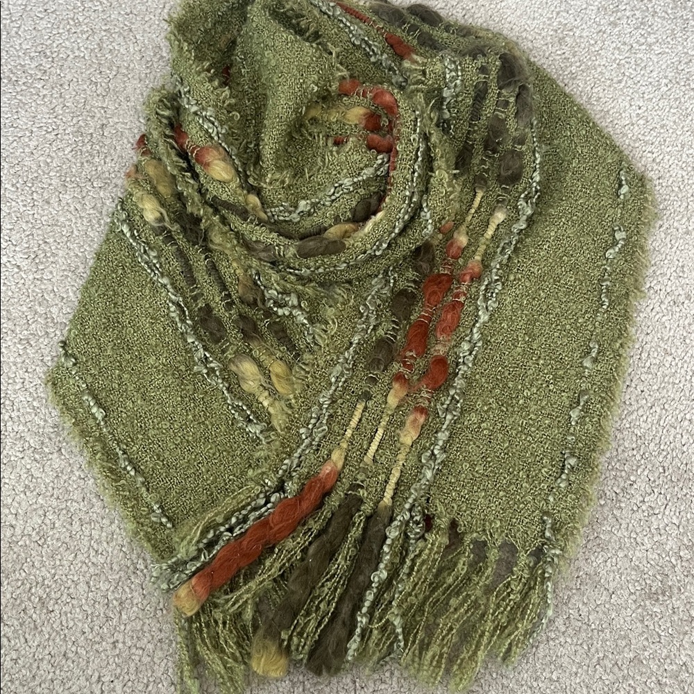 Earth tones Fuzzy Scarf Green Rust Brown 68” Fringe edges
